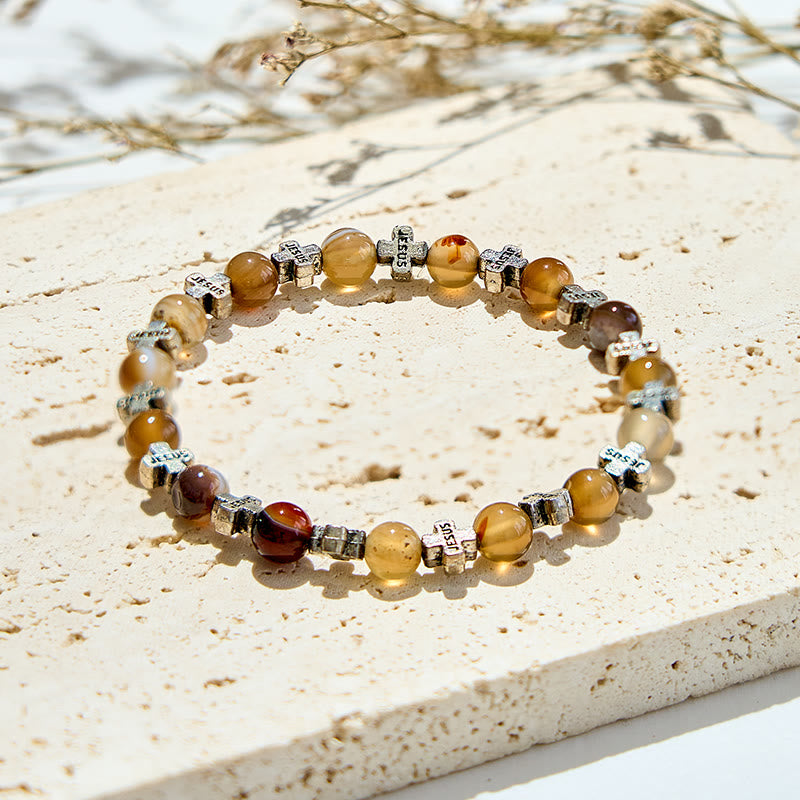 Olivenorma 6mm Natural Agate Golden Metal Cross Beads Bracelet - Agate - image 0