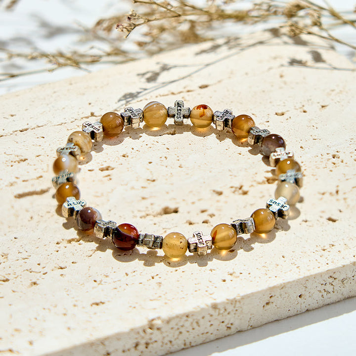 Olivenorma 6mm Natural Agate Golden Metal Cross Beads Bracelet - Agate - image 0