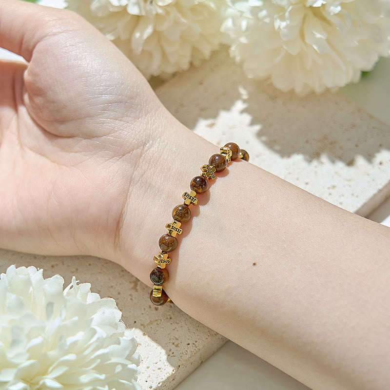 Olivenorma 6mm Natural Agate Golden Metal Cross Beads Bracelet - image 1