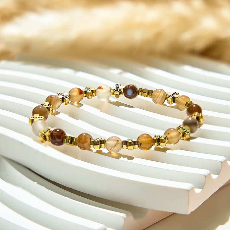 Olivenorma 6mm Natural Agate Golden Metal Cross Beads Bracelet - image 3