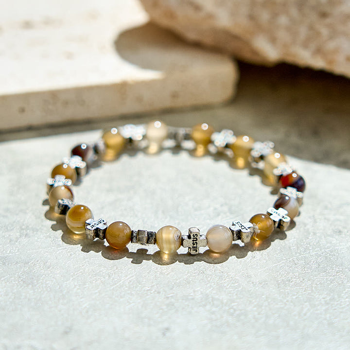 Olivenorma 6mm Natural Agate Golden Metal Cross Beads Bracelet - image 2