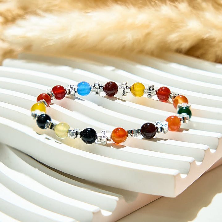 Olivenorma 6mm Natural Color Agate Metal Cross Beads Bracelet - image 4