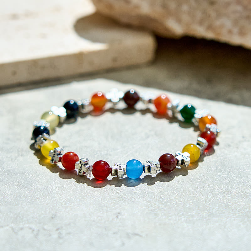 Olivenorma 6mm Natural Color Agate Metal Cross Beads Bracelet - image 3