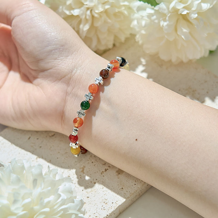Olivenorma 6mm Natural Color Agate Metal Cross Beads Bracelet - image 1