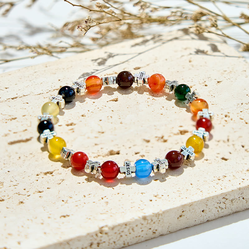 Olivenorma 6mm Natural Color Agate Metal Cross Beads Bracelet - image 2