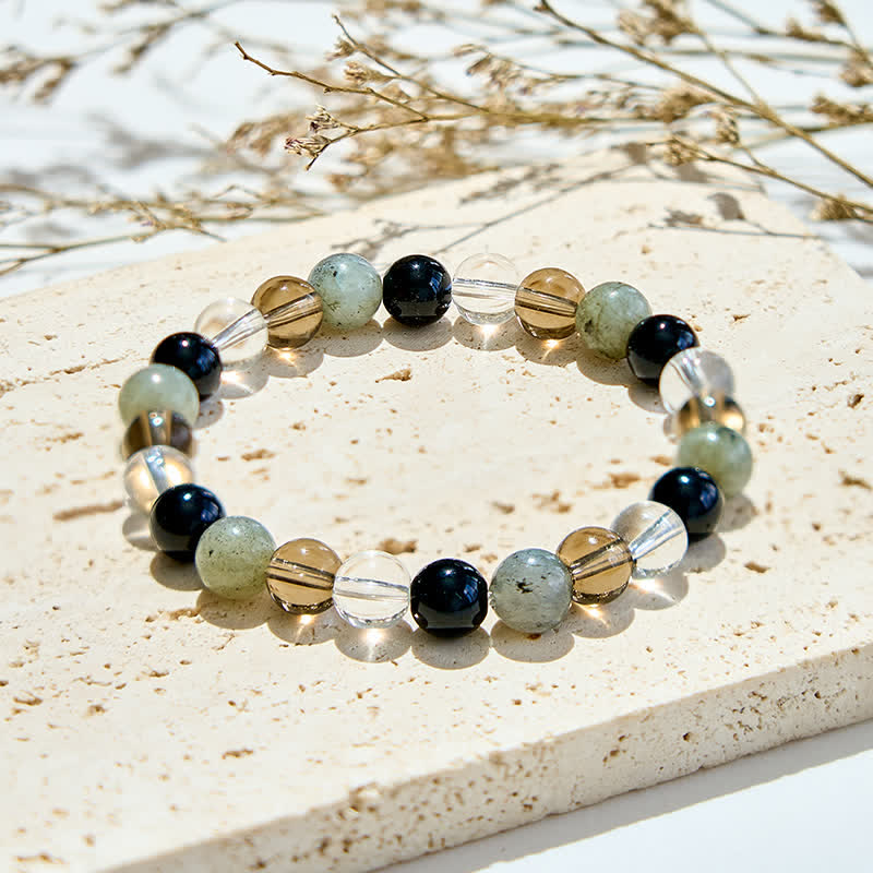 Olivenorma Clear Crystal Labradorite Obsidian Smoky Quartz Beaded Bracelet - Clear Crystal & Labradorite & Obsidian & Smoky Quartz - image 0