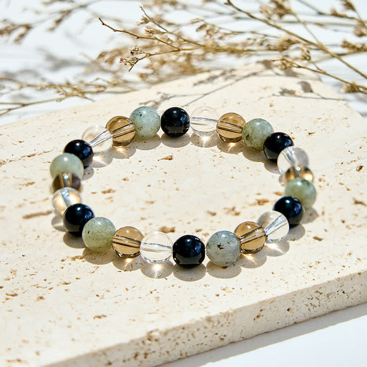 Olivenorma Clear Crystal Labradorite Obsidian Smoky Quartz Beaded Bracelet - Clear Crystal & Labradorite & Obsidian & Smoky Quartz - image 0
