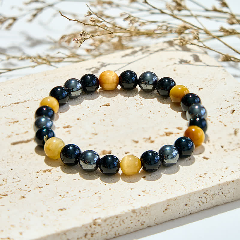 Olivenorma Yellow Tiger Eye Obsidian Hematite Beaded Bracelet - image 2