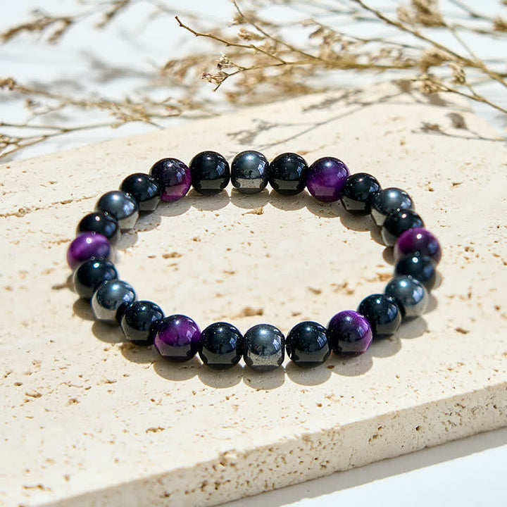 Olivenorma Purple Tiger Eye Obsidian Hematite Beaded Bracelet - Purple Tiger Eye - image 0