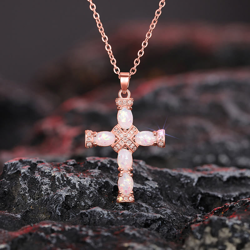 Olivenorma Natural Fire Opal Cross Pendant Necklace - Rose Golden - image 7