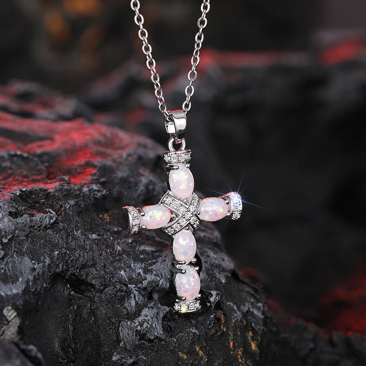 Olivenorma Natural Fire Opal Cross Pendant Necklace - image 1