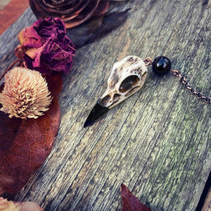 Olivenorma Viking Raven Skull Figurine Natural Obsidian Pendulum - image 5