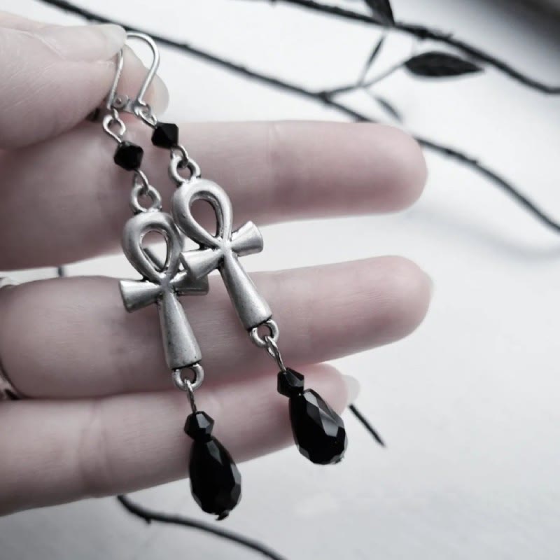 Olivenorma Obsidian Ankh Cross Charm Hook Earrings - Obsidian - image 0