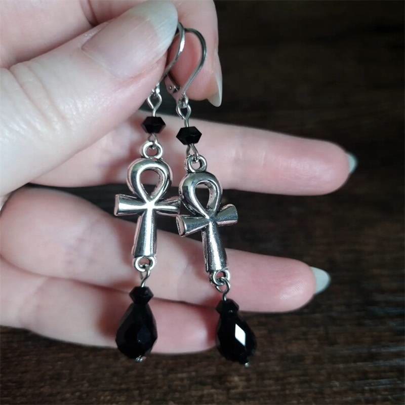 Olivenorma Obsidian Ankh Cross Charm Hook Earrings - image 1