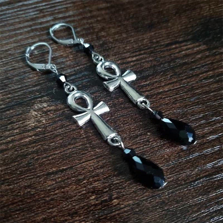 Olivenorma Obsidian Ankh Cross Charm Hook Earrings - image 2