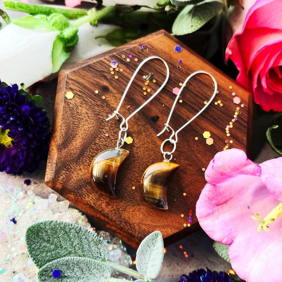 Olivenorma Bohemian Crescent Gemstone Crystal Earrings - Tiger Eye - image 4