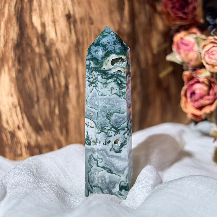 Olivenorma Moss Agate 4 Faceted Column Reiki Crystal Wands Tower - 1300-1550g - image 0