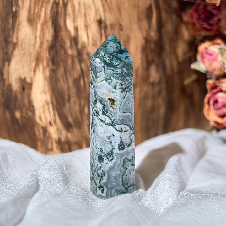 Olivenorma Moss Agate 4 Faceted Column Reiki Crystal Wands Tower - image 1