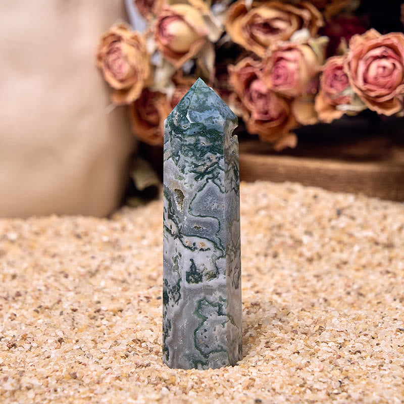 Olivenorma Moss Agate 4 Faceted Column Reiki Crystal Wands Tower - image 3