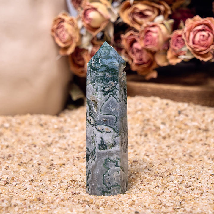 Olivenorma Moss Agate 4 Faceted Column Reiki Crystal Wands Tower - image 3