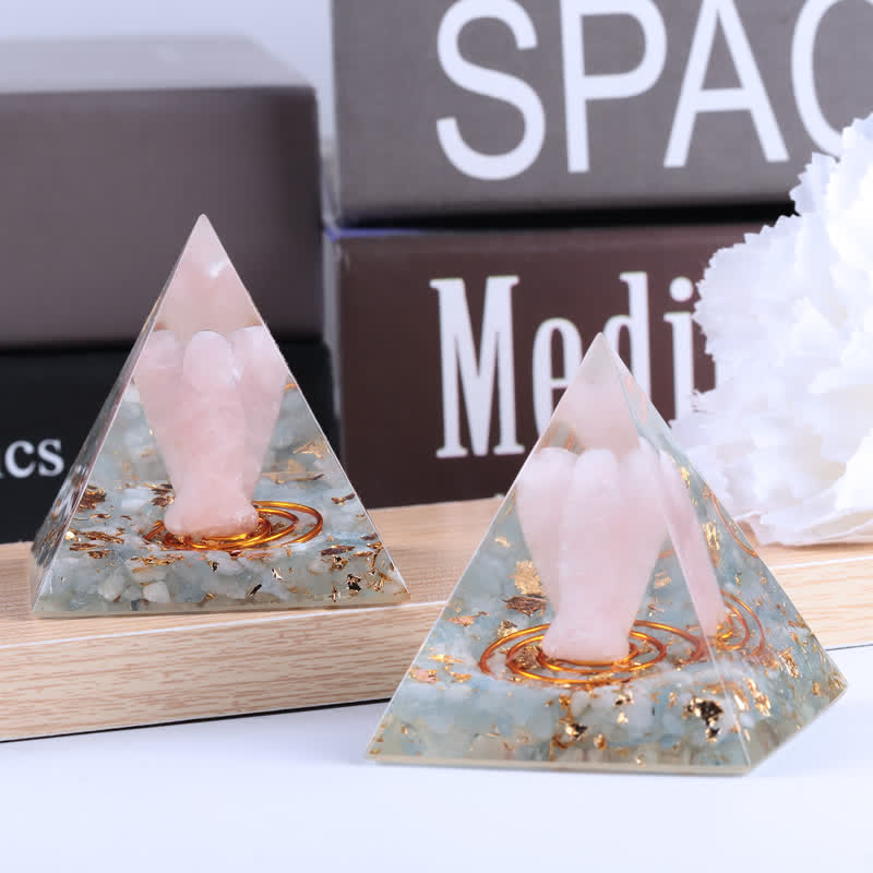 Olivenorma 5cm Natural Crystal Angel Carving Orgone Pyramid - Rose Quartz & Aquamarine - image 13