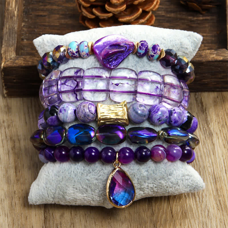 Olivenorma 5-layer Beaded Water Drop Pendant Bracelet Set - Purple Agate - image 0