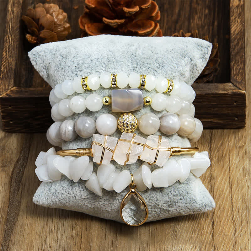 Olivenorma Tiger Eye 5-layer Beaded Bracelet Set - Clear Crystal & White Agate - image 13