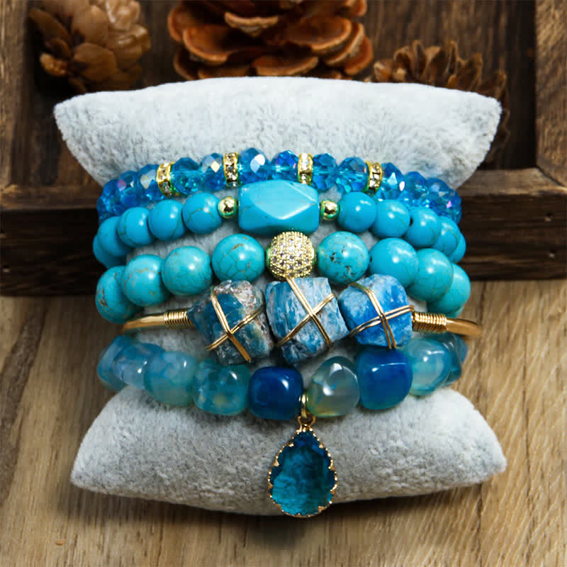 Olivenorma Tiger Eye 5-layer Beaded Bracelet Set - Turquoise & Blue Apatite - image 3