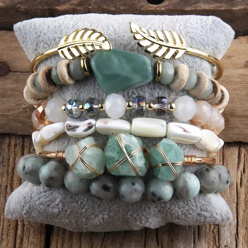 Olivenorma 5-layer Crystal Beaded Metal Accessories Bracelet Set - Green Aventurine & White Jade - image 4