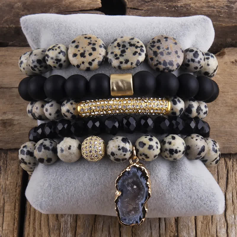 Olivenorma 5-layer Crystal Beaded Metal Accessories Bracelet Set - Dalmatian Jasper & Black Onyx - image 0
