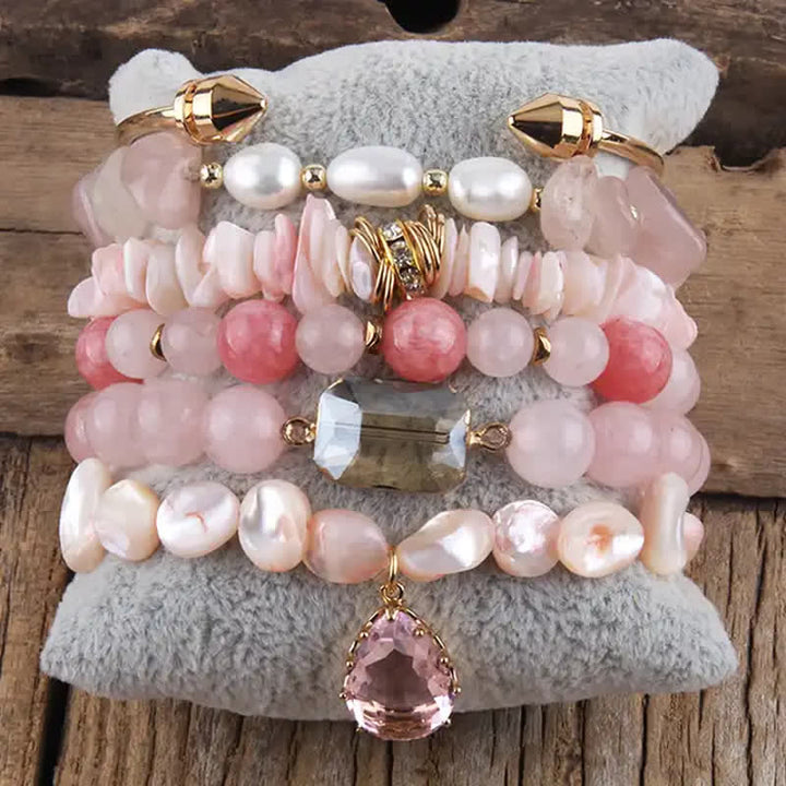 Olivenorma Crystal Beads Metal Accessories Bracelet Set - Freshwater Pearl & Rose Quartz - image 12