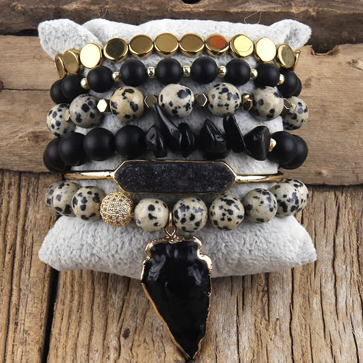Olivenorma Crystal Beads Metal Accessories Bracelet Set - Black Onyx & Dalmatian Jasper - image 0