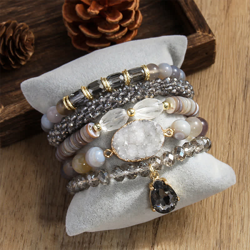 Olivenorma Freshwater Pearl Pendant 5-layer Beaded Bracelet Set - Gray Agate - image 9