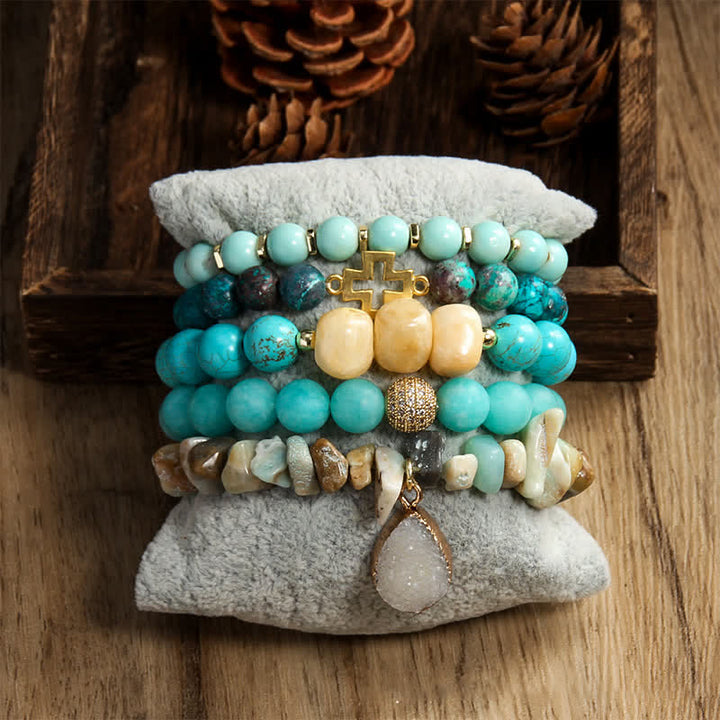 Olivenorma Evil Eye Pendant 5 Layer Beaded Bracelet Set - Amazonite & Turquoise - image 5