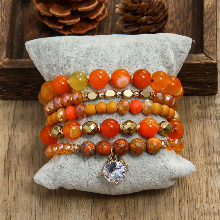 Olivenorma Evil Eye Pendant 5 Layer Beaded Bracelet Set - Carnelian & Orange Emperor Stone - image 14