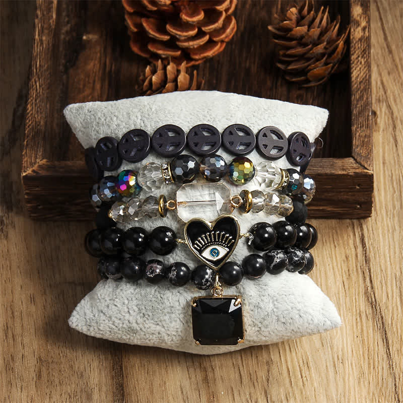 Olivenorma Evil Eye Pendant 5 Layer Beaded Bracelet Set - Obsidian & Black Emperor Stone - image 10