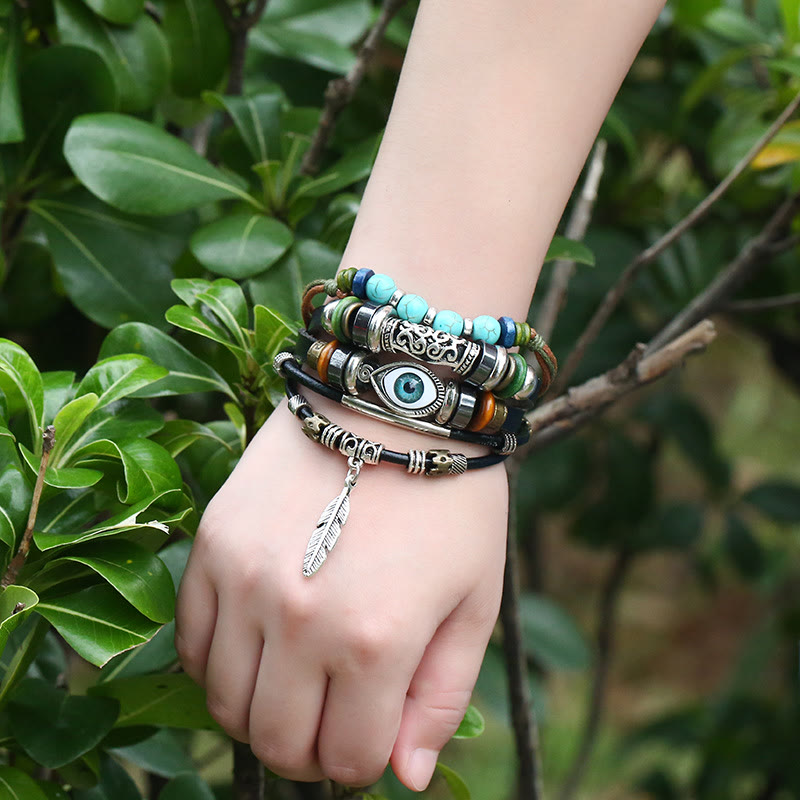 Olivenorma 5Pcs Bohemian Turquoise Leather Bracelet Set - Turquoise - image 0