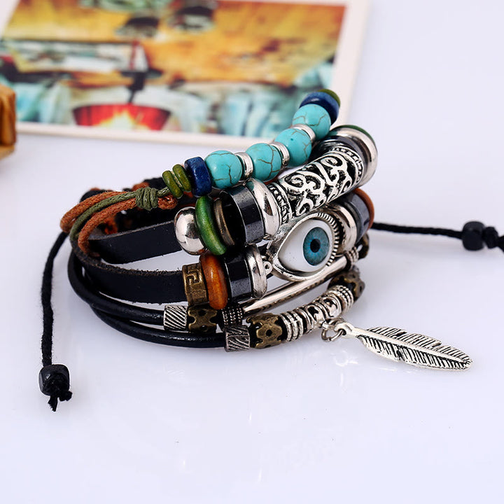 Olivenorma 5Pcs Bohemian Turquoise Leather Bracelet Set - image 3