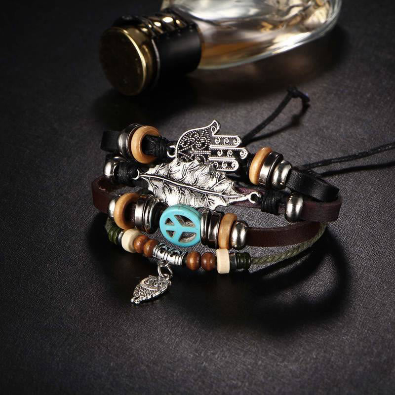 Olivenorma Multi-layer Boho Hamsa Braided Leather Bracelet - image 1