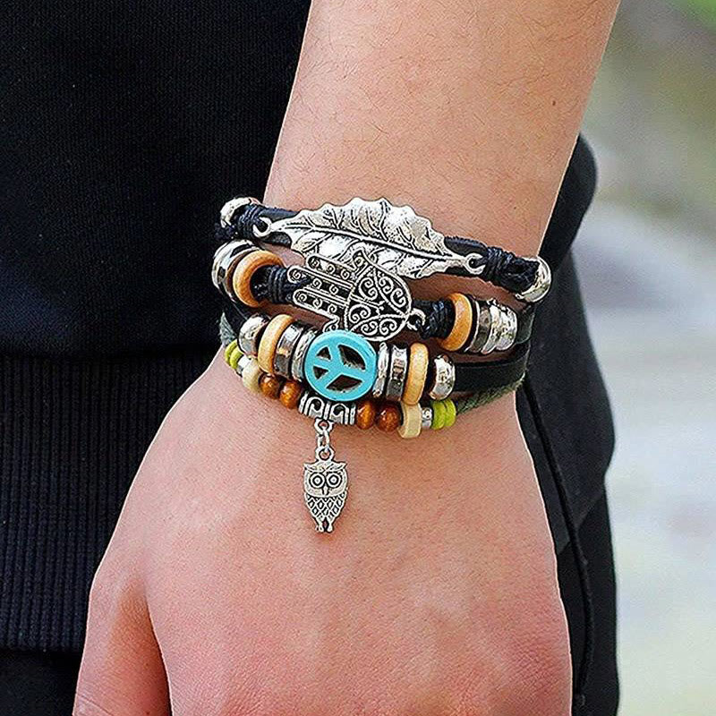 Olivenorma Multi-layer Boho Hamsa Braided Leather Bracelet - Hamsa Hand - image 0