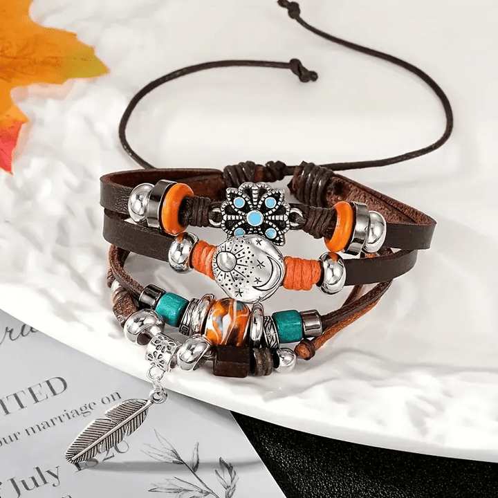 Olivenorma Feather Charms Bohemian Adjustable Leather Bracelet - Cat's Eye Stone & Turquoise - image 0
