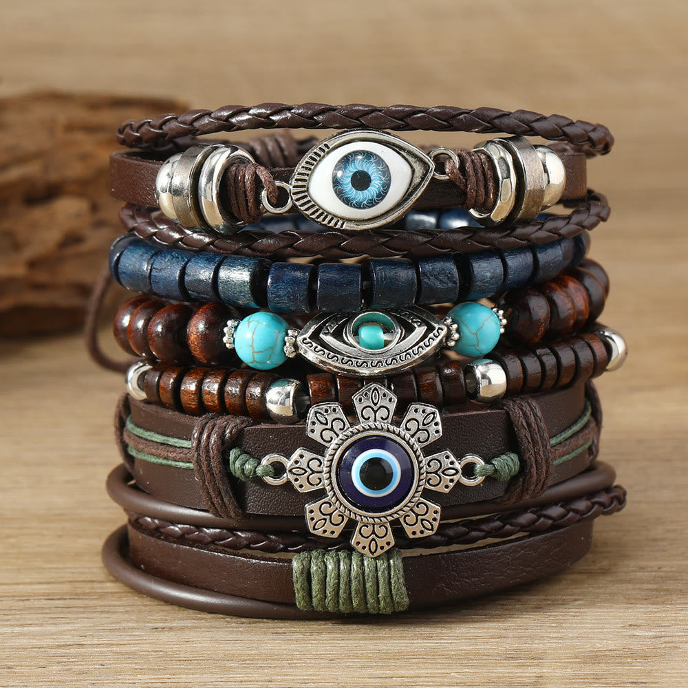 Olivenorma 6Pcs Evil Eye Turquoise Leather Wristband Bracelet Set - Turquoise - image 0