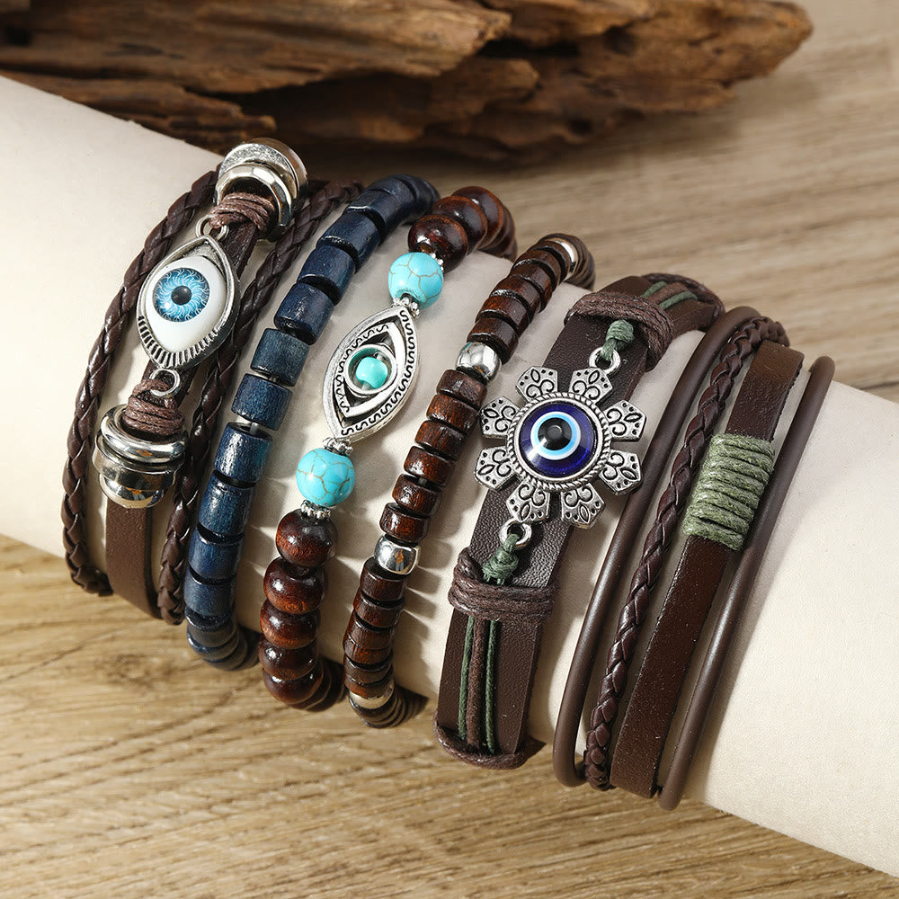Olivenorma 6Pcs Evil Eye Turquoise Leather Wristband Bracelet Set - image 1