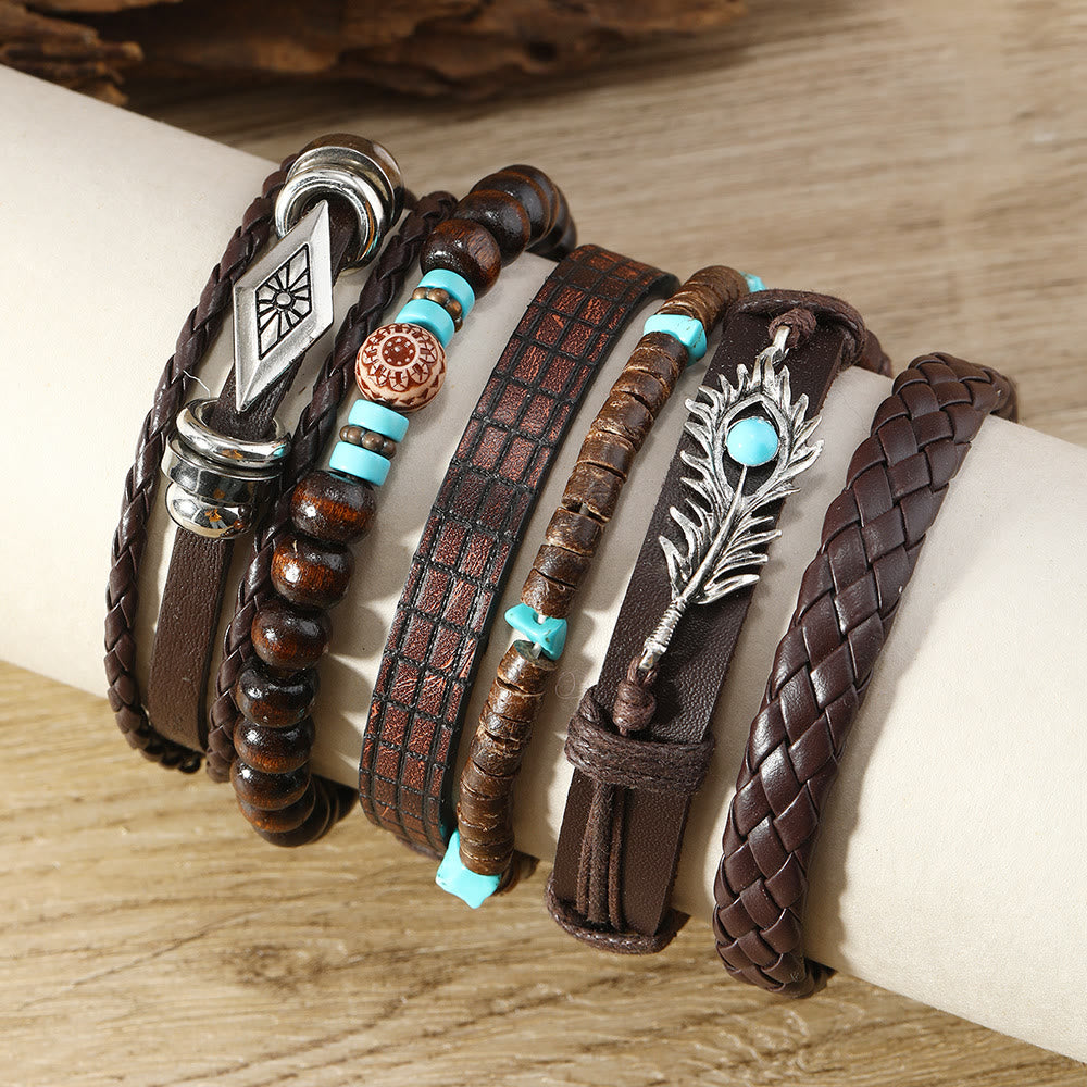 Olivenorma Feather Natural Stone Handmade Woven Leather Bracelet Set - image 1