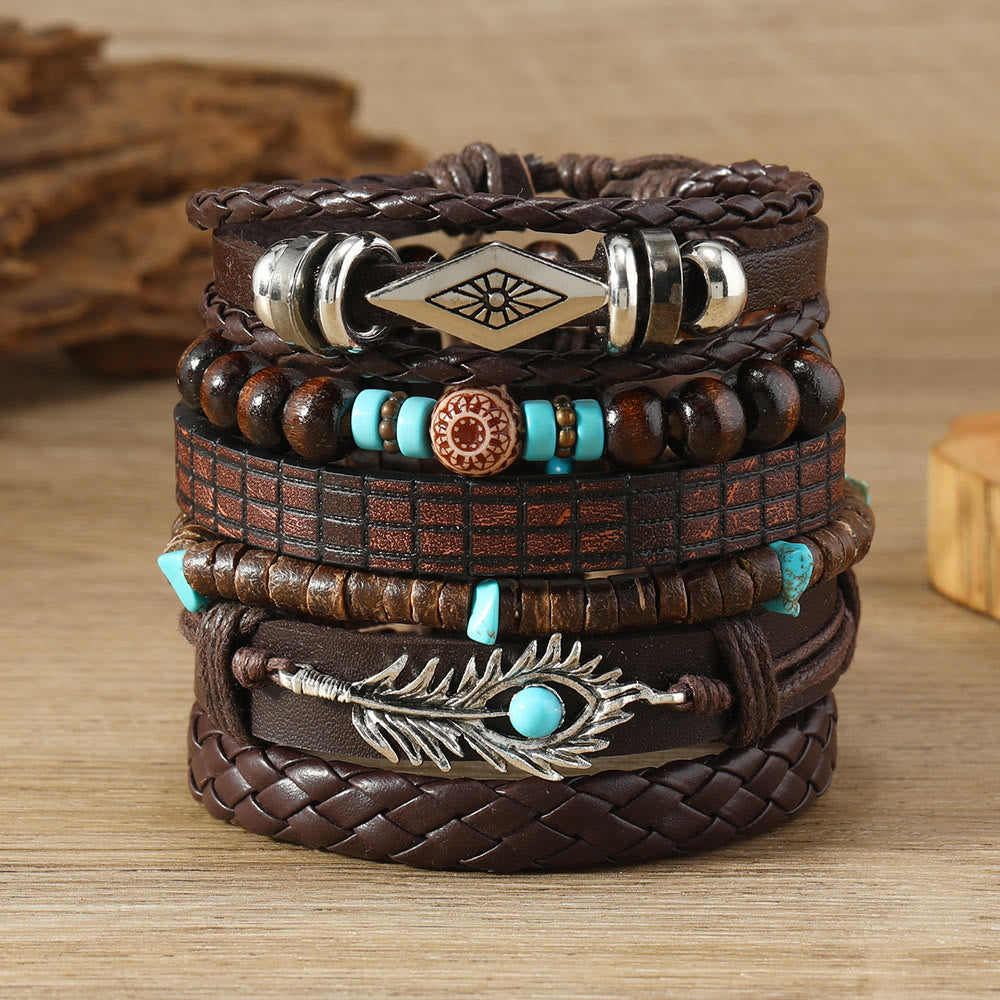 Olivenorma Feather Natural Stone Handmade Woven Leather Bracelet Set - Turquoise - image 0