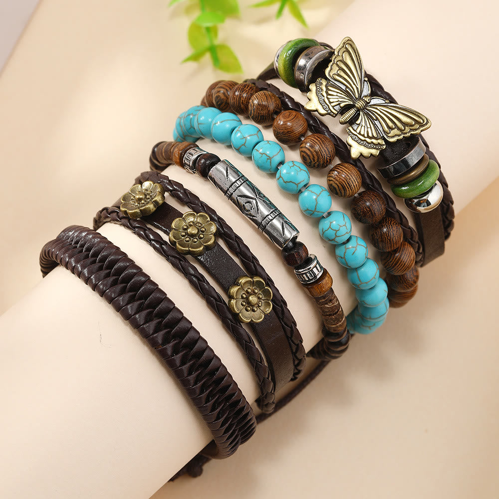 Olivenorma Butterfly Turquoise Handmade Woven Leather Bracelet Set - image 1