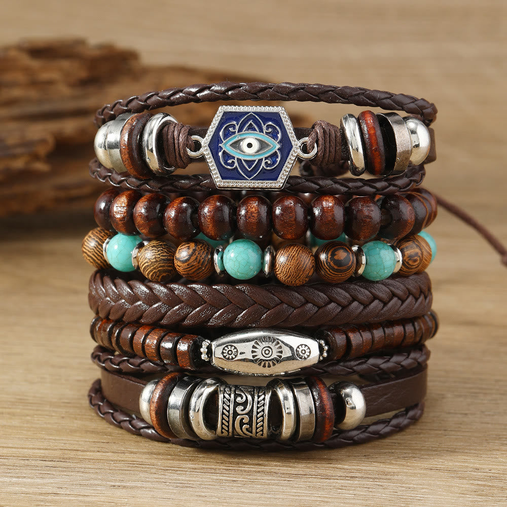 Olivenorma Multi-Layer Turkish Evil Eye Gemstone Leather Bracelet Set - Turquoise - image 0