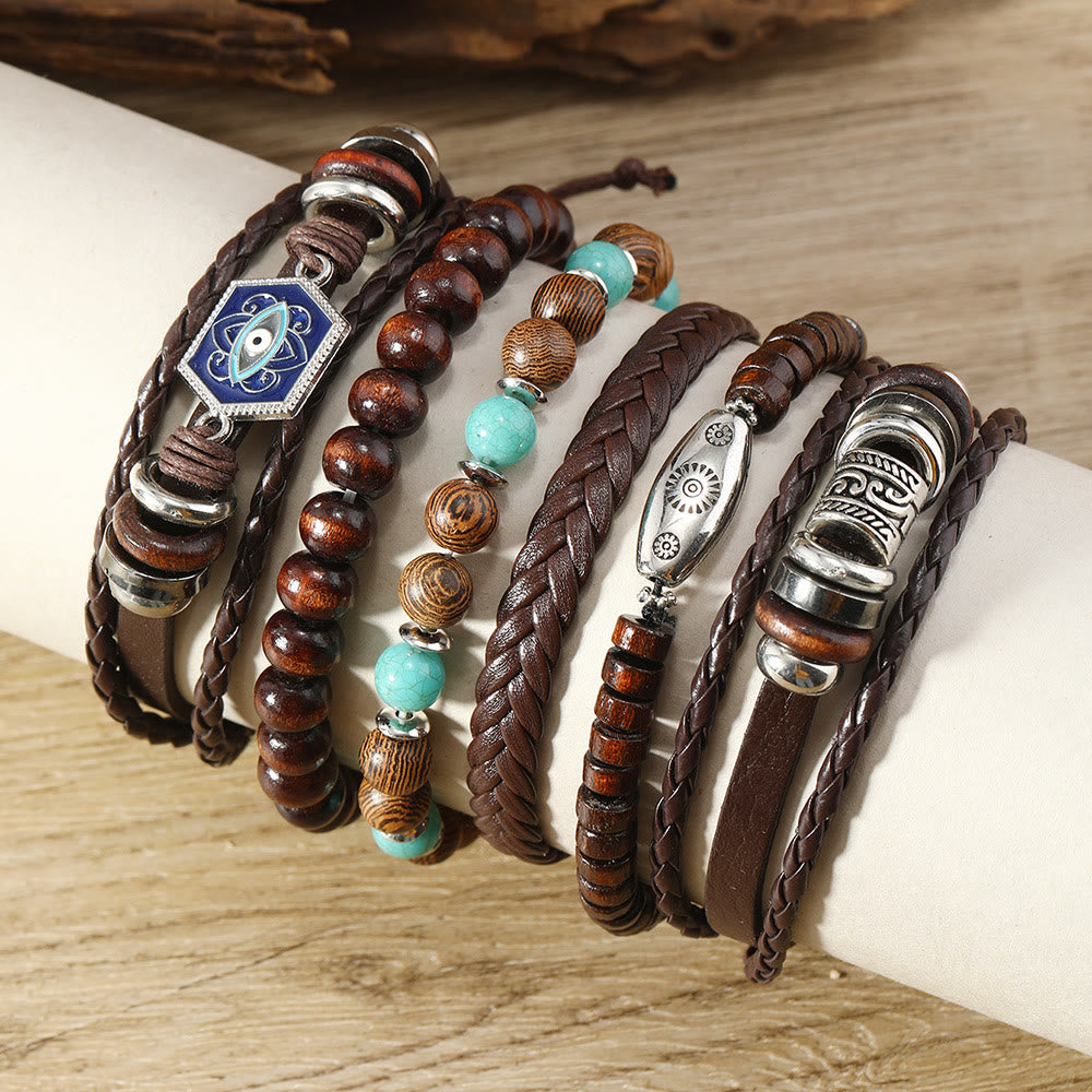 Olivenorma Multi-Layer Turkish Evil Eye Gemstone Leather Bracelet Set - image 1