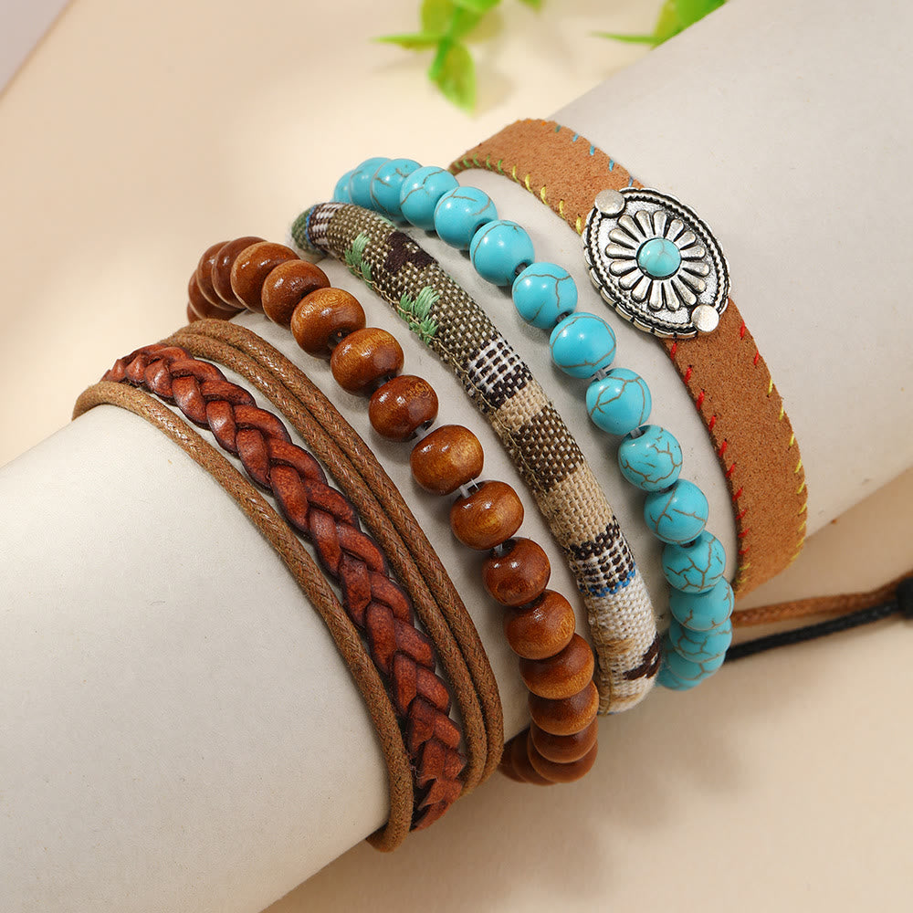 Olivenorma Multi-Layer Wooden Beads Turquoise Braided Bracelet - image 1
