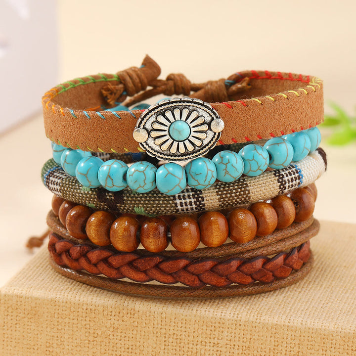 Olivenorma Multi-Layer Wooden Beads Turquoise Braided Bracelet - Turquoise - image 0